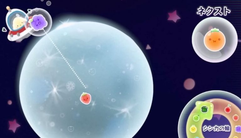 中心付近にいちごが1個あり、左上のUFOが持つぶどうの点線がその近くへ向く。ネクストはみかん