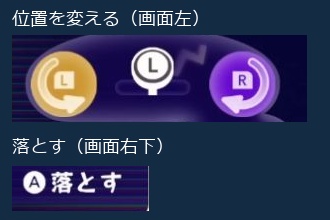L/Rで位置を変え、Aで落とす。実画面の操作案内を2か所から抜き出した図